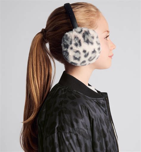 Kid's Earmuffs Ivory Faux Fur with Gray and Black Leopard Print 